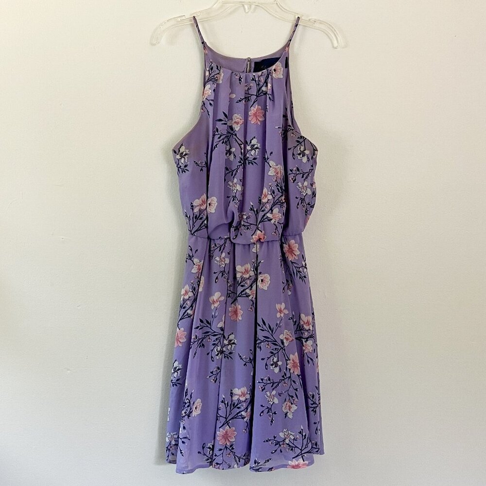 franchesca's blue rain / lavender floral high neck chiffon dress M